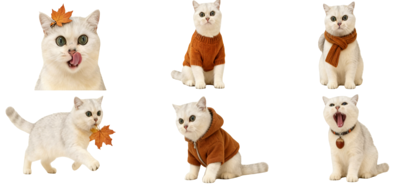 Collage of a white cat wearing various outfits on a white background